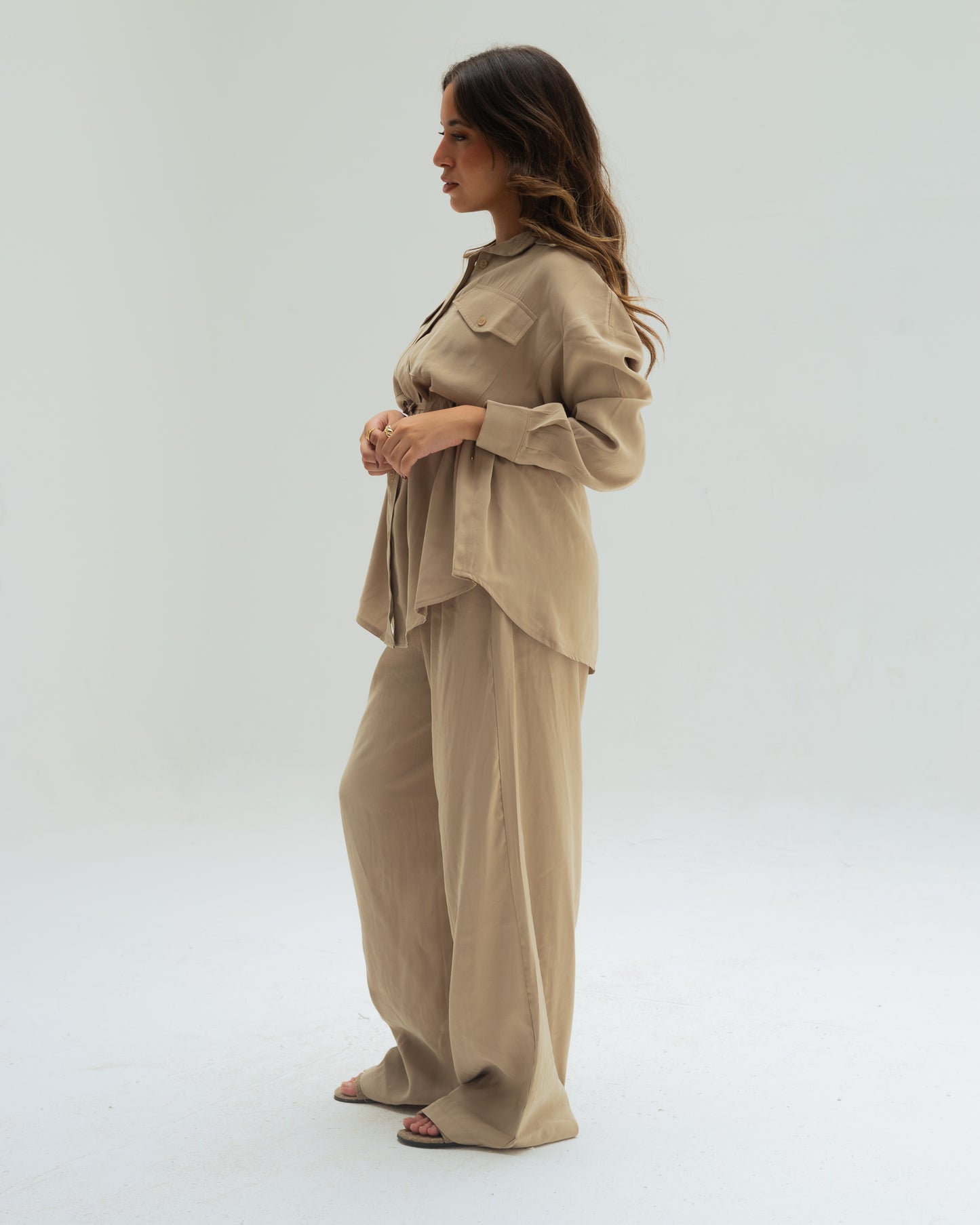 Beige Tie Shirt set