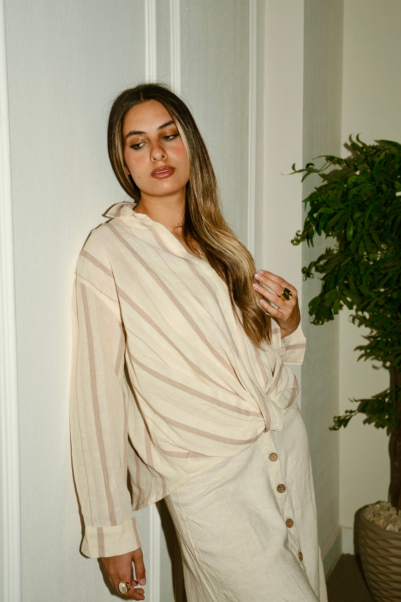 Beige twisted linen blouse