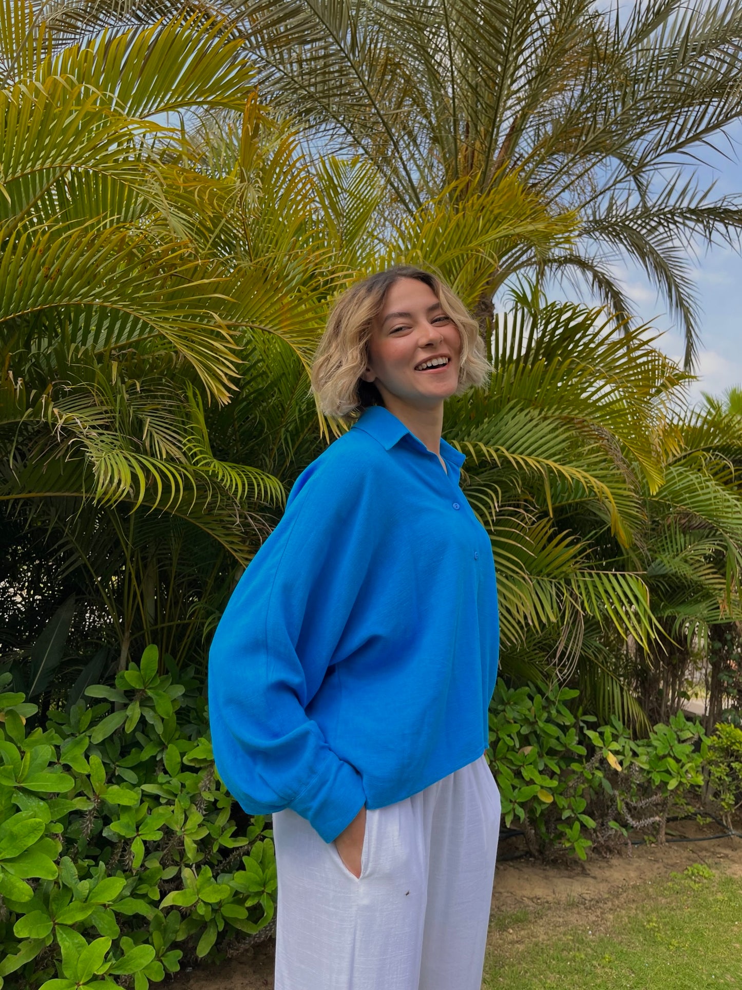 Cropped Linen Shirt - Blue