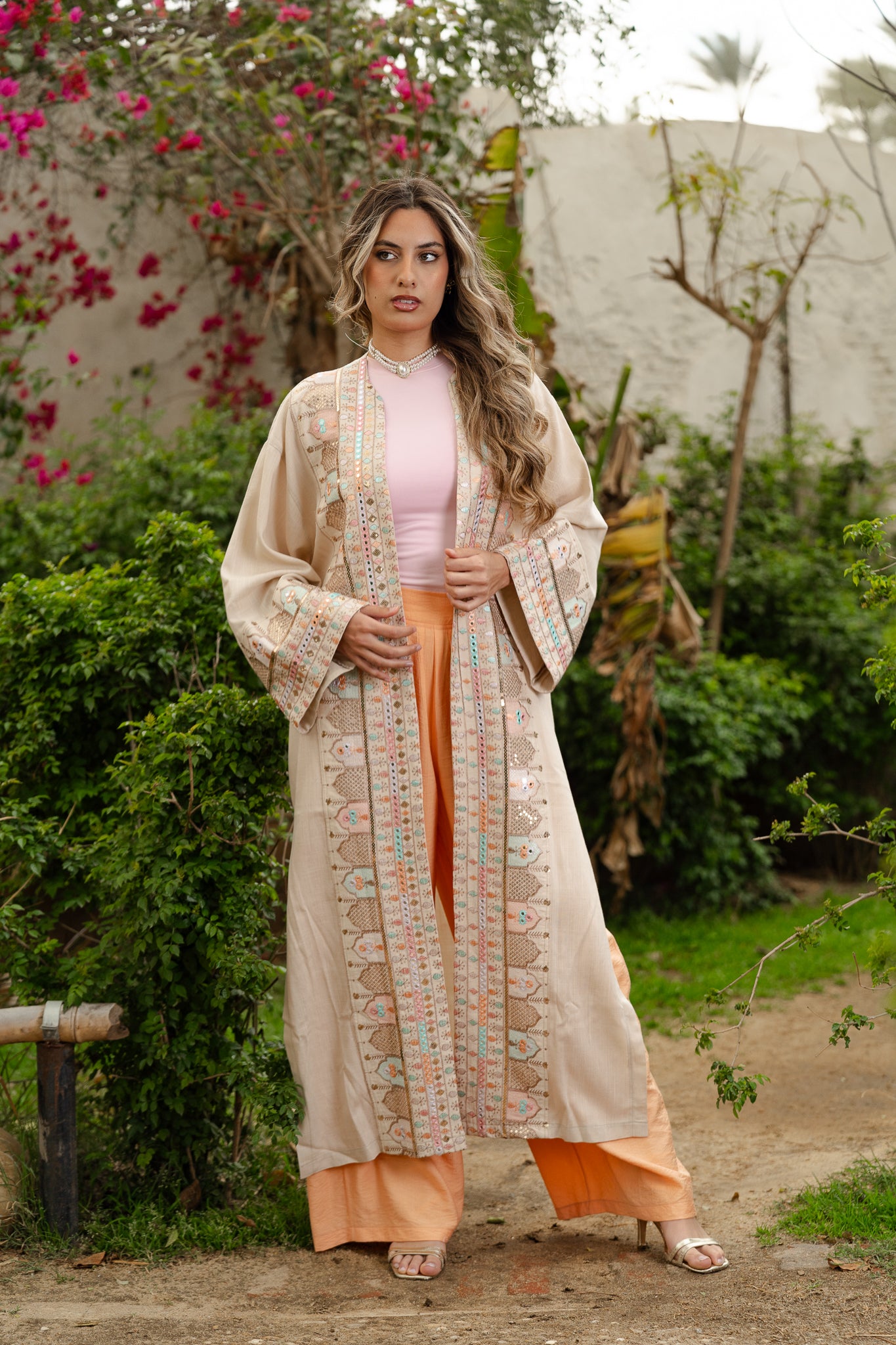 Indian embroidered kaftan in Beige