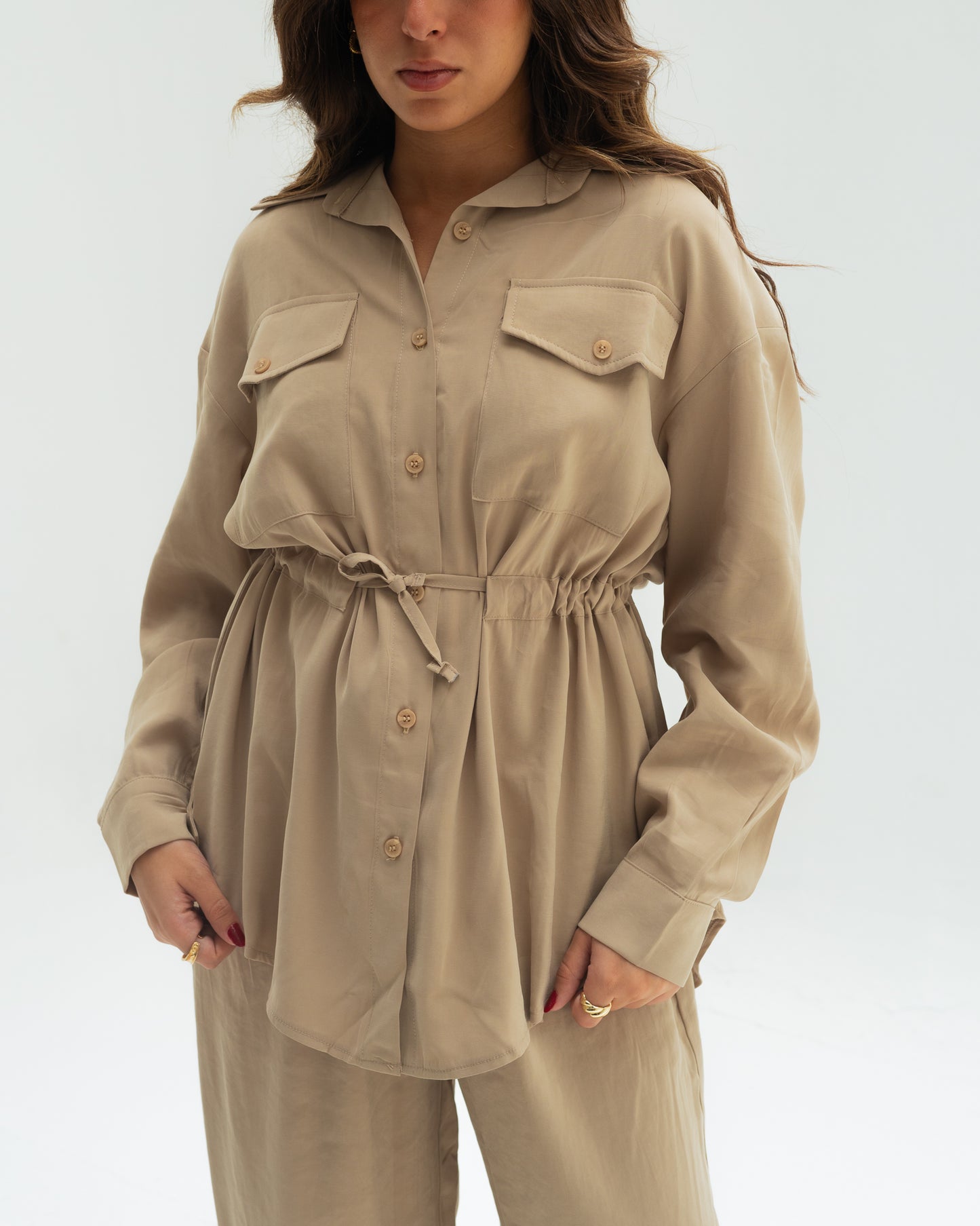 Beige Tie Shirt set
