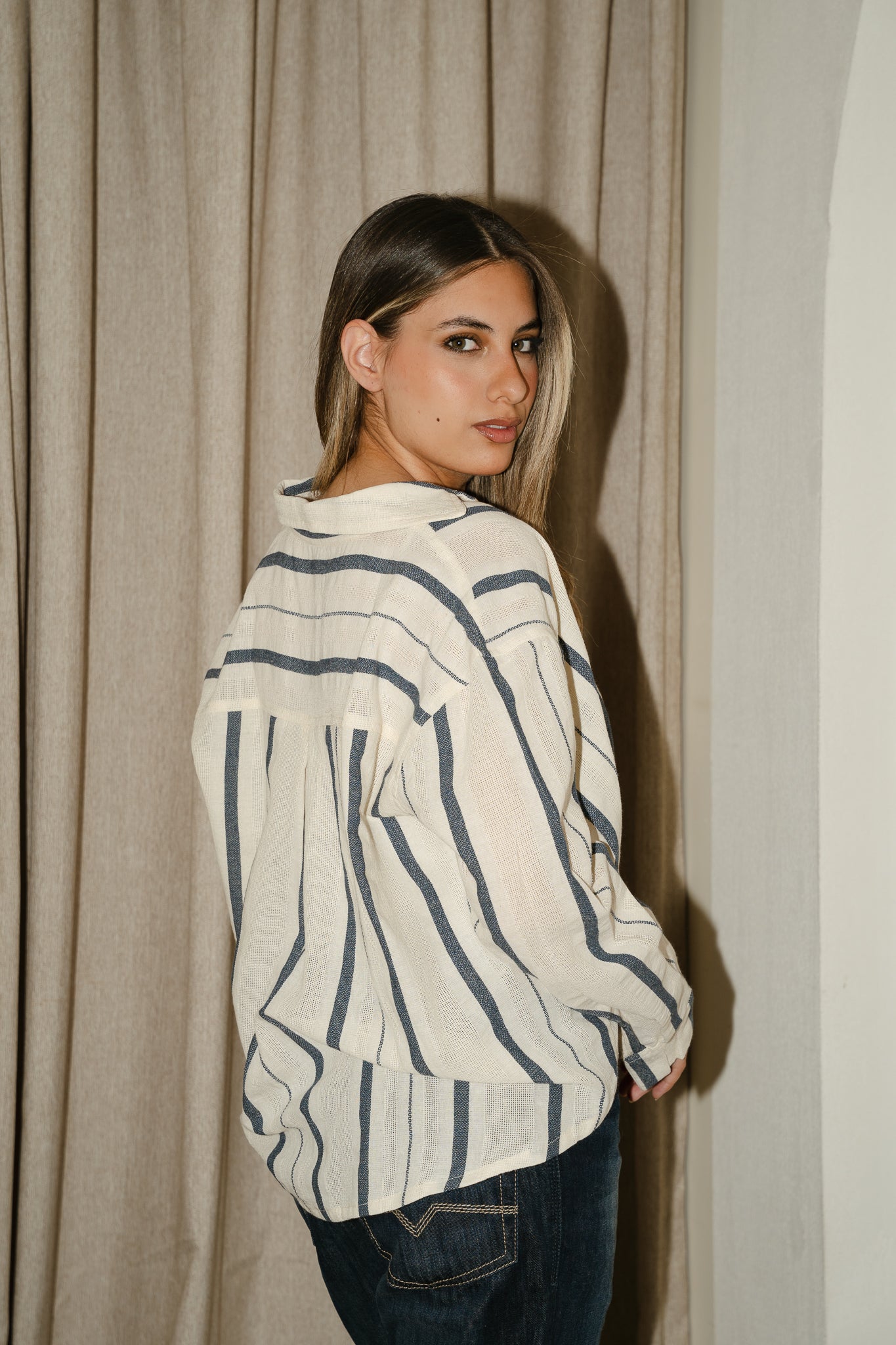 Navy twisted linen blouse