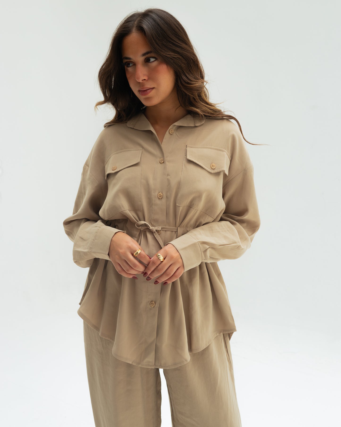 Beige Tie Shirt set