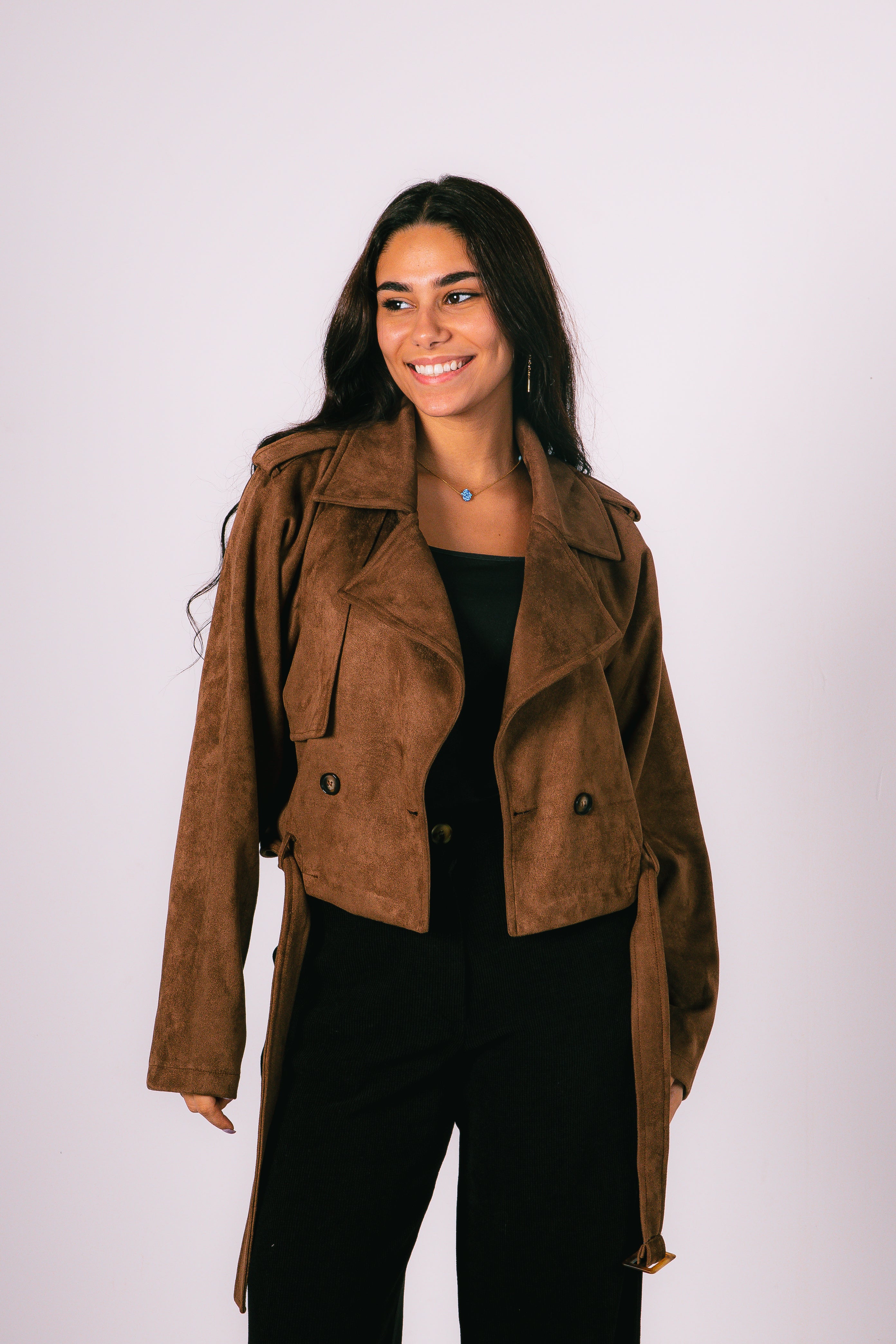 Suede Brown Cropped Trench Jacket Elan 1569