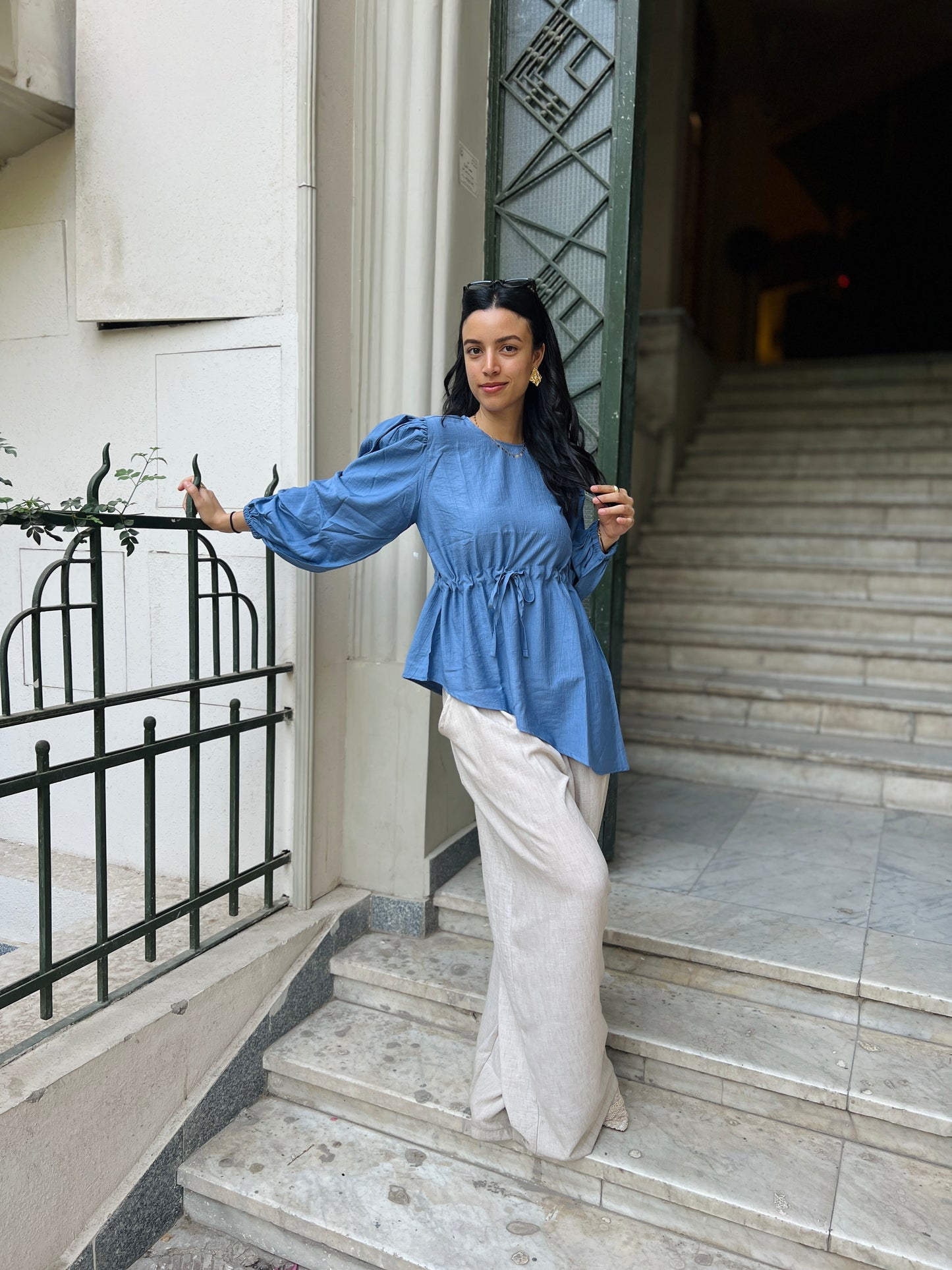 Blue Front tie Asymmetric Top