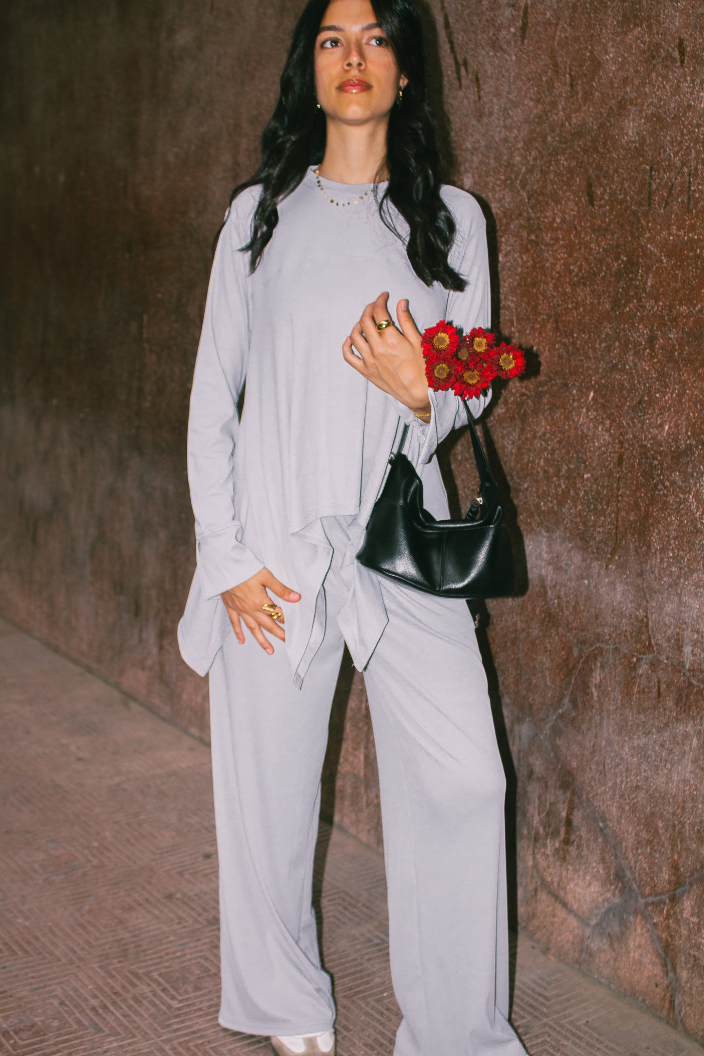 Gray Flowy ribbed set