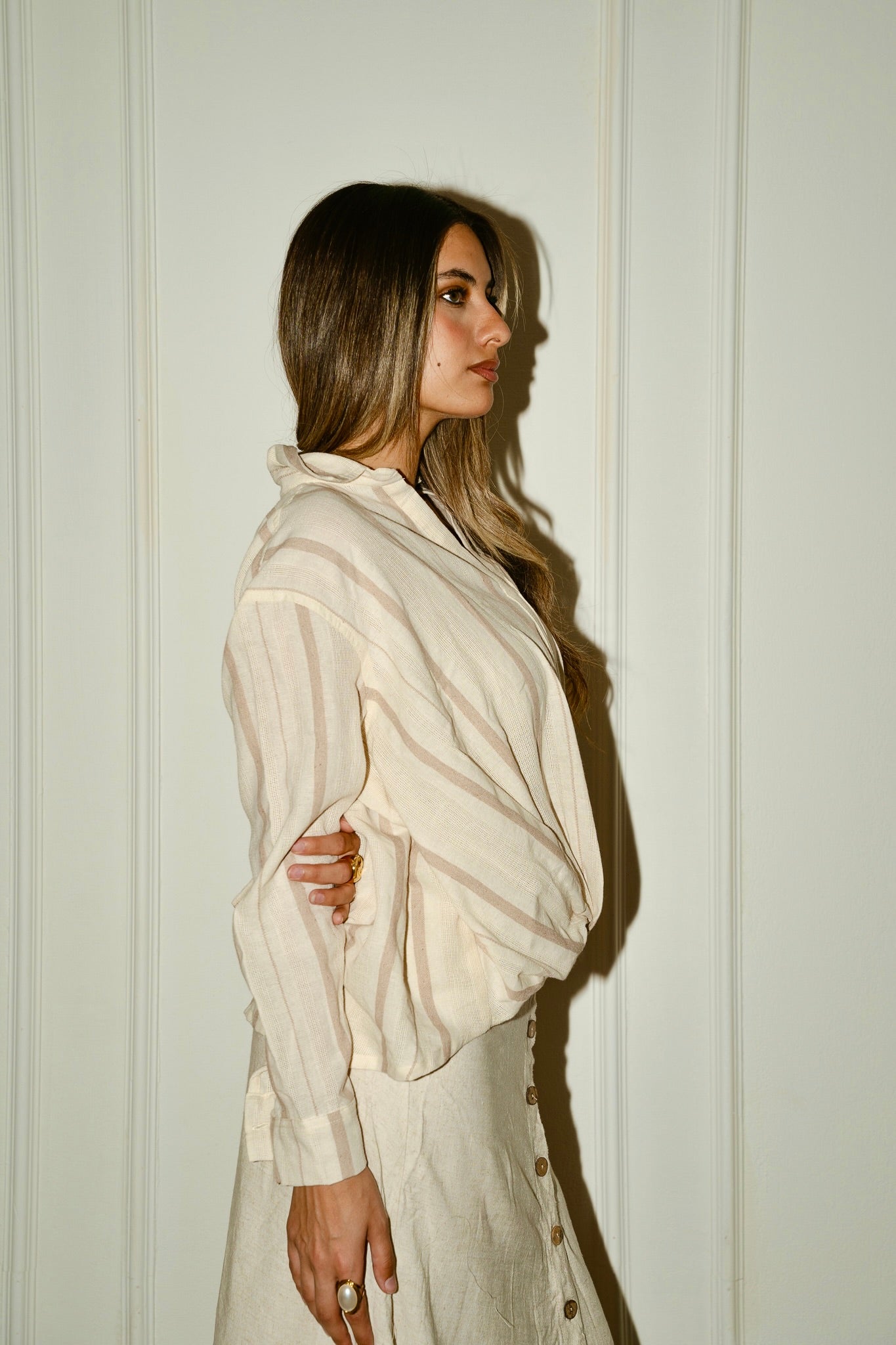 Beige twisted linen blouse