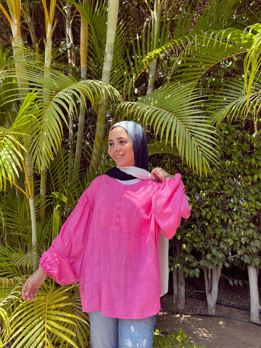 Puffy Sleeves Linen Top - Fuchsia