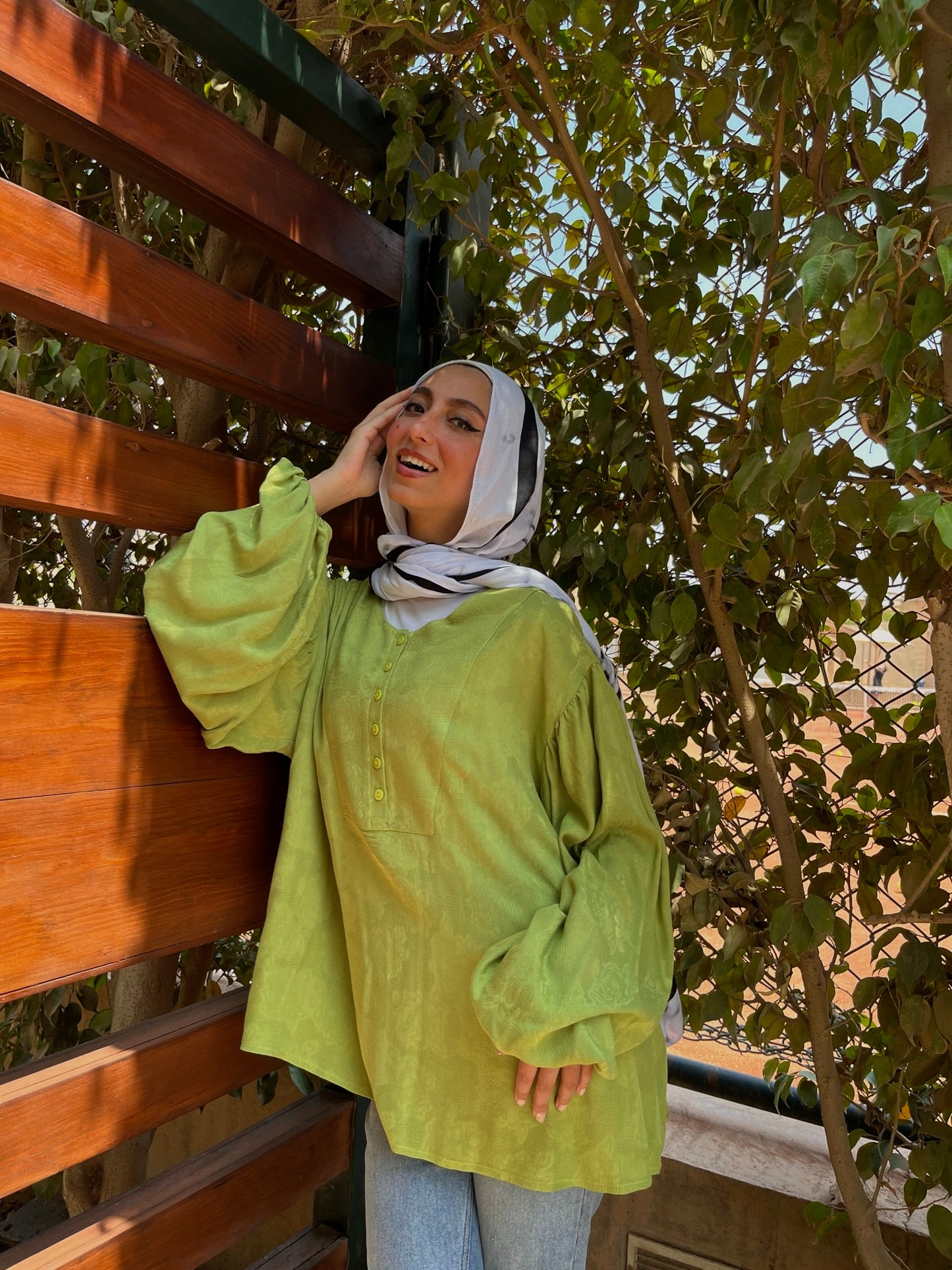 Puffy Sleeves Linen Top - Green