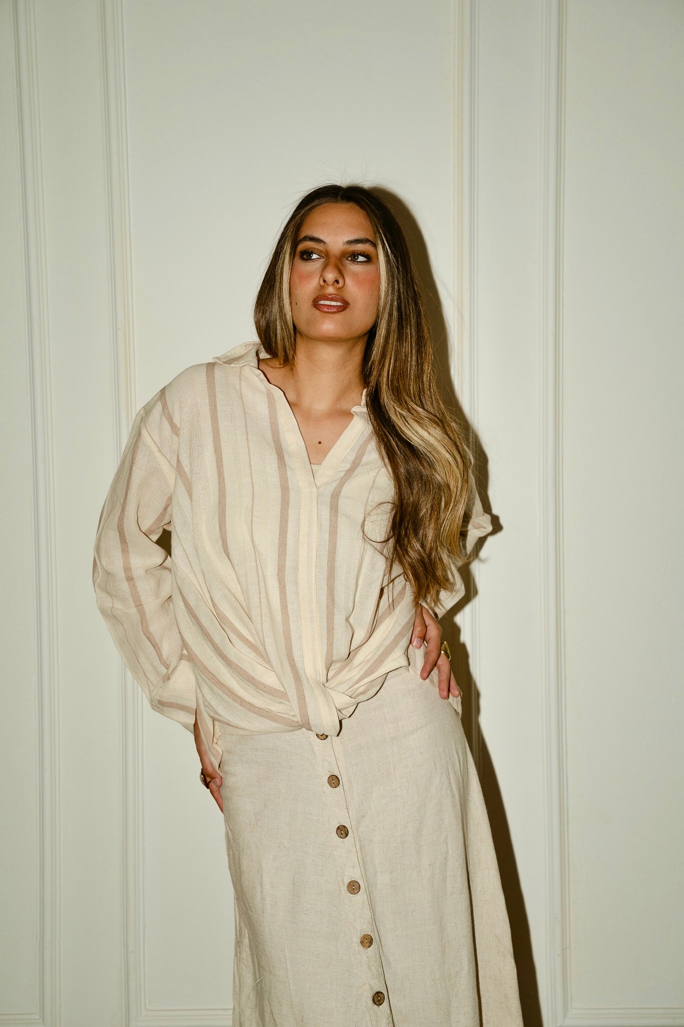 Beige twisted linen blouse