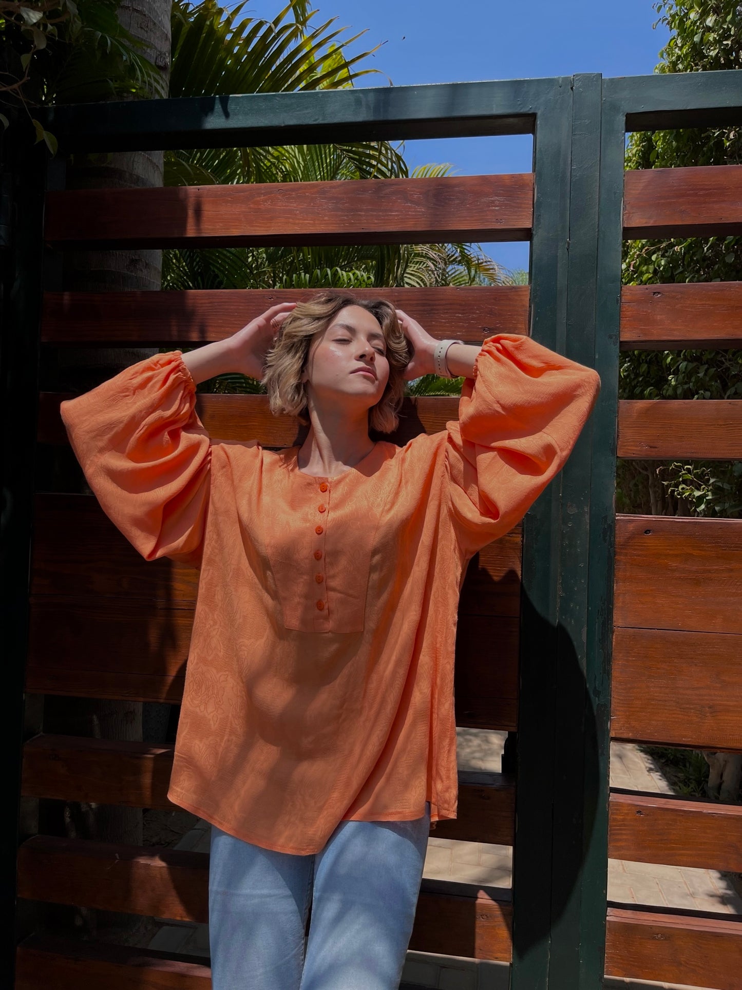 Puffy Sleeves Linen Top - Orange