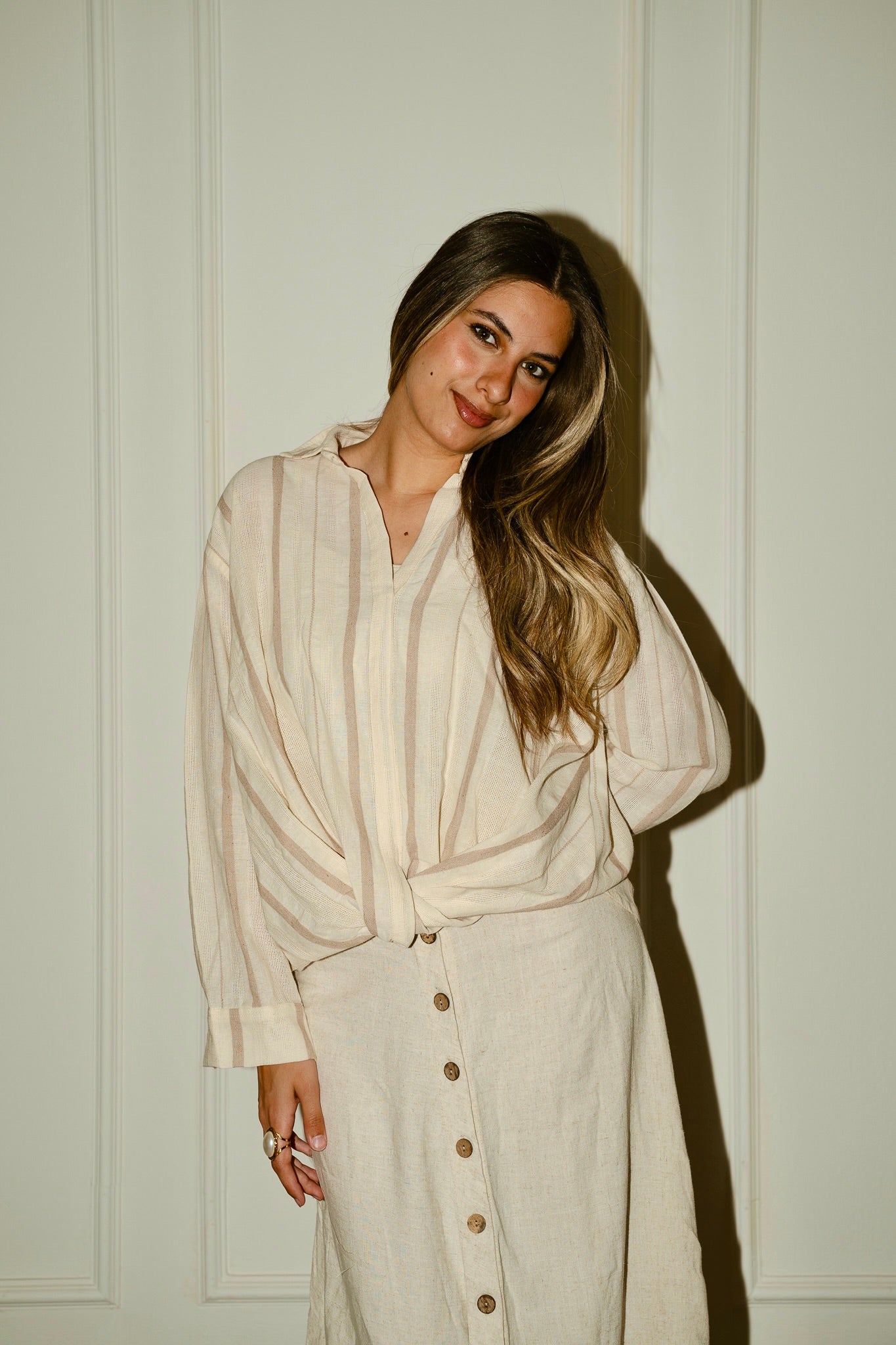 Beige twisted linen blouse