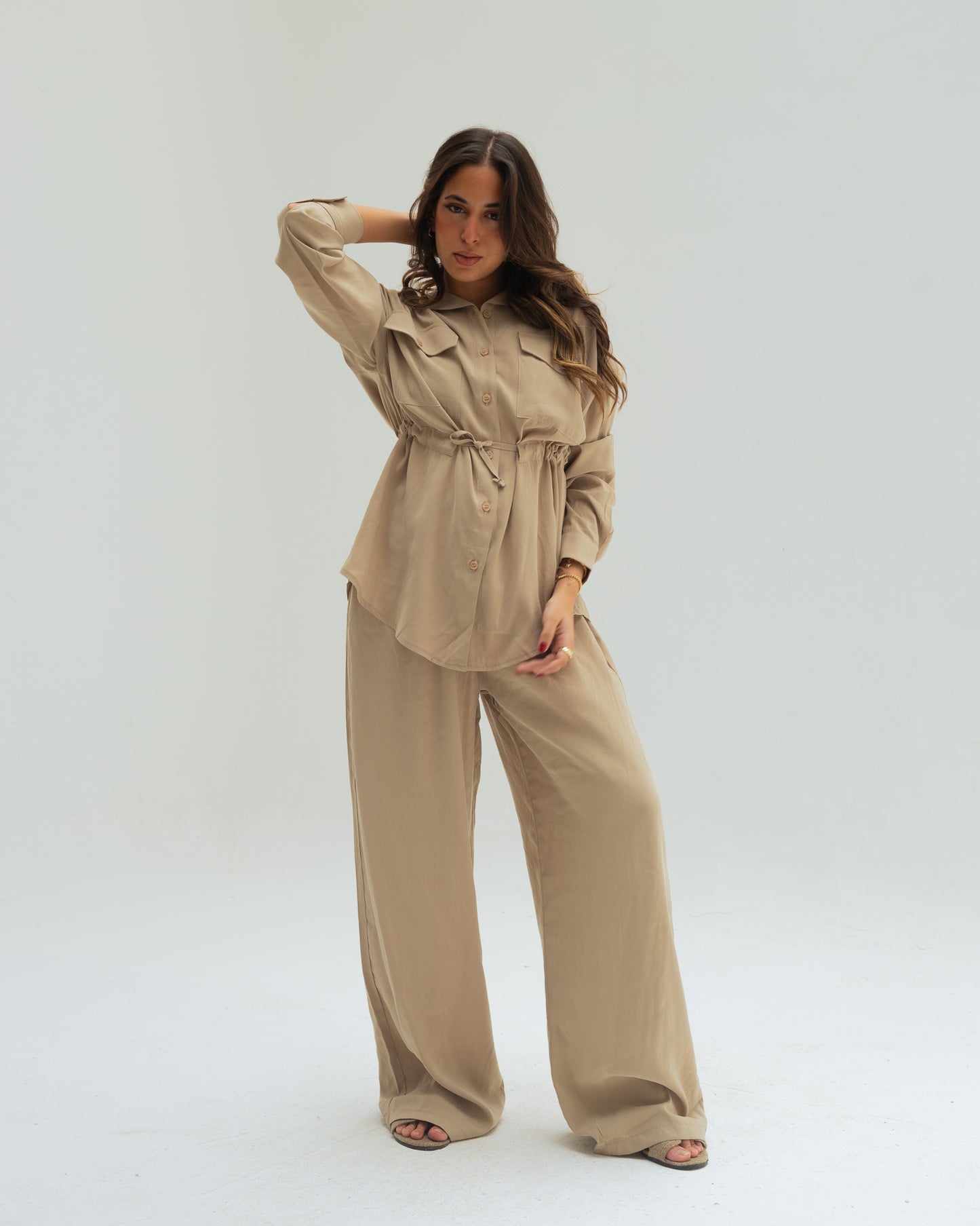 Beige Tie Shirt set