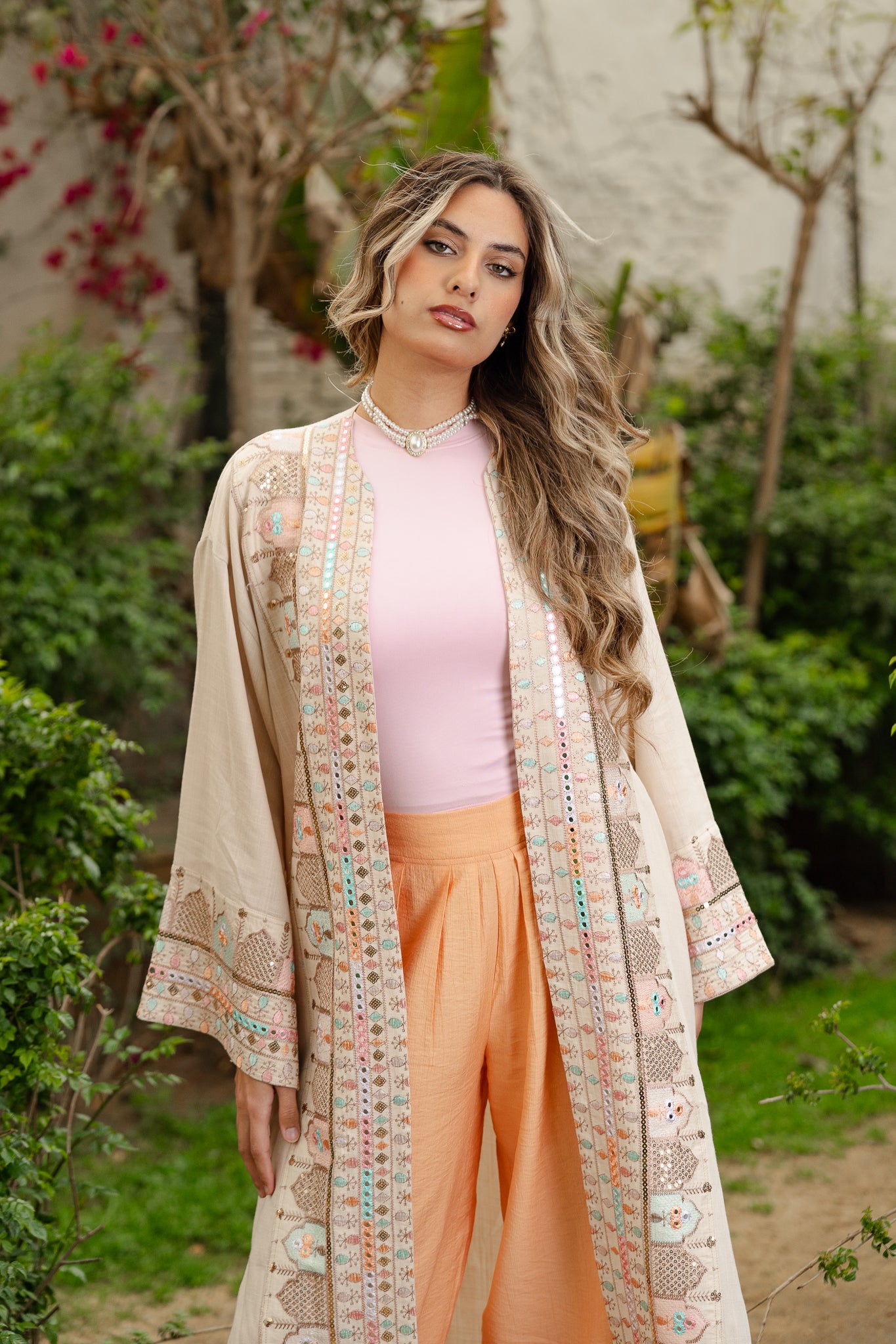 Indian embroidered kaftan in Beige