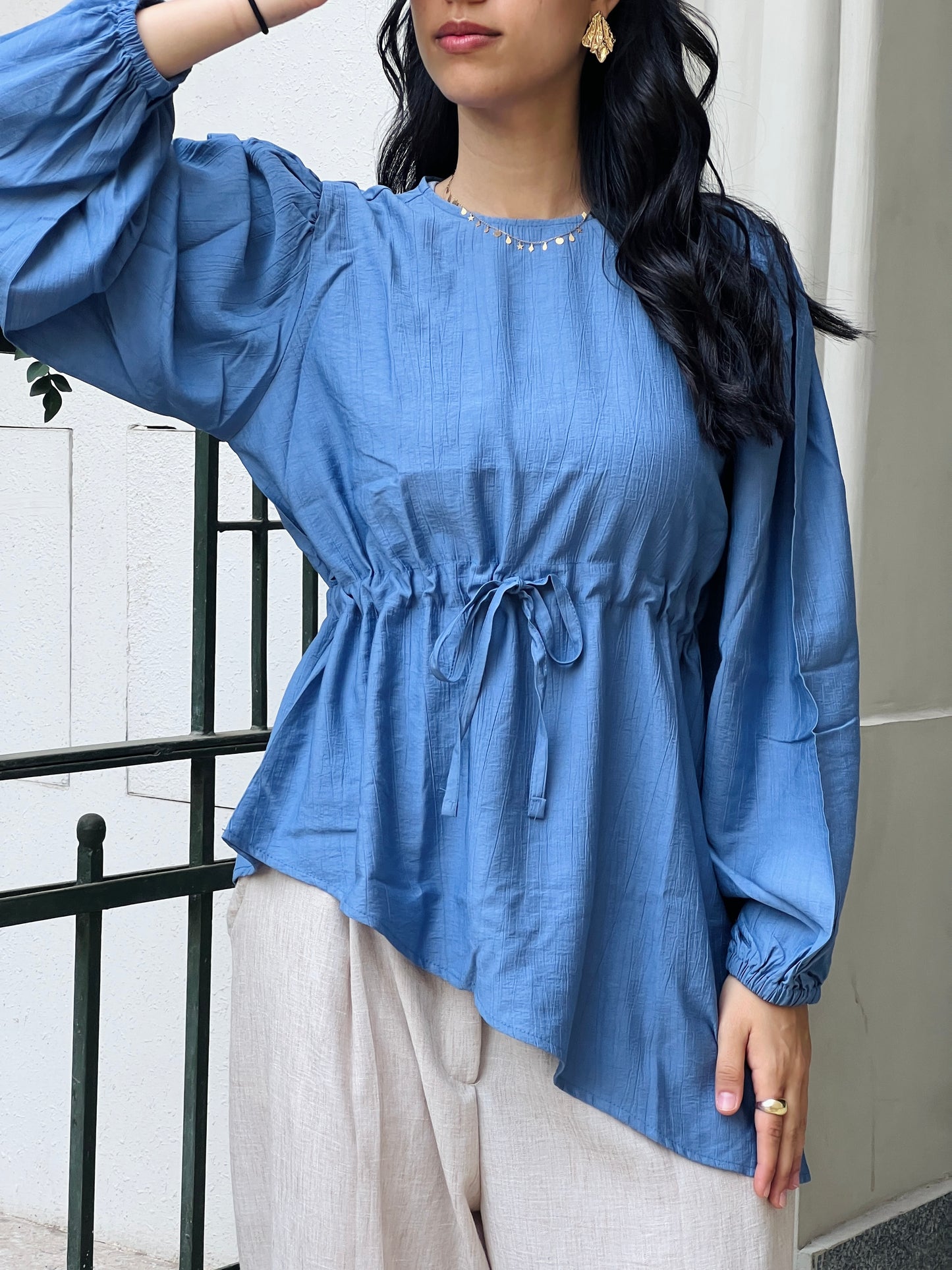 Blue Front tie Asymmetric Top