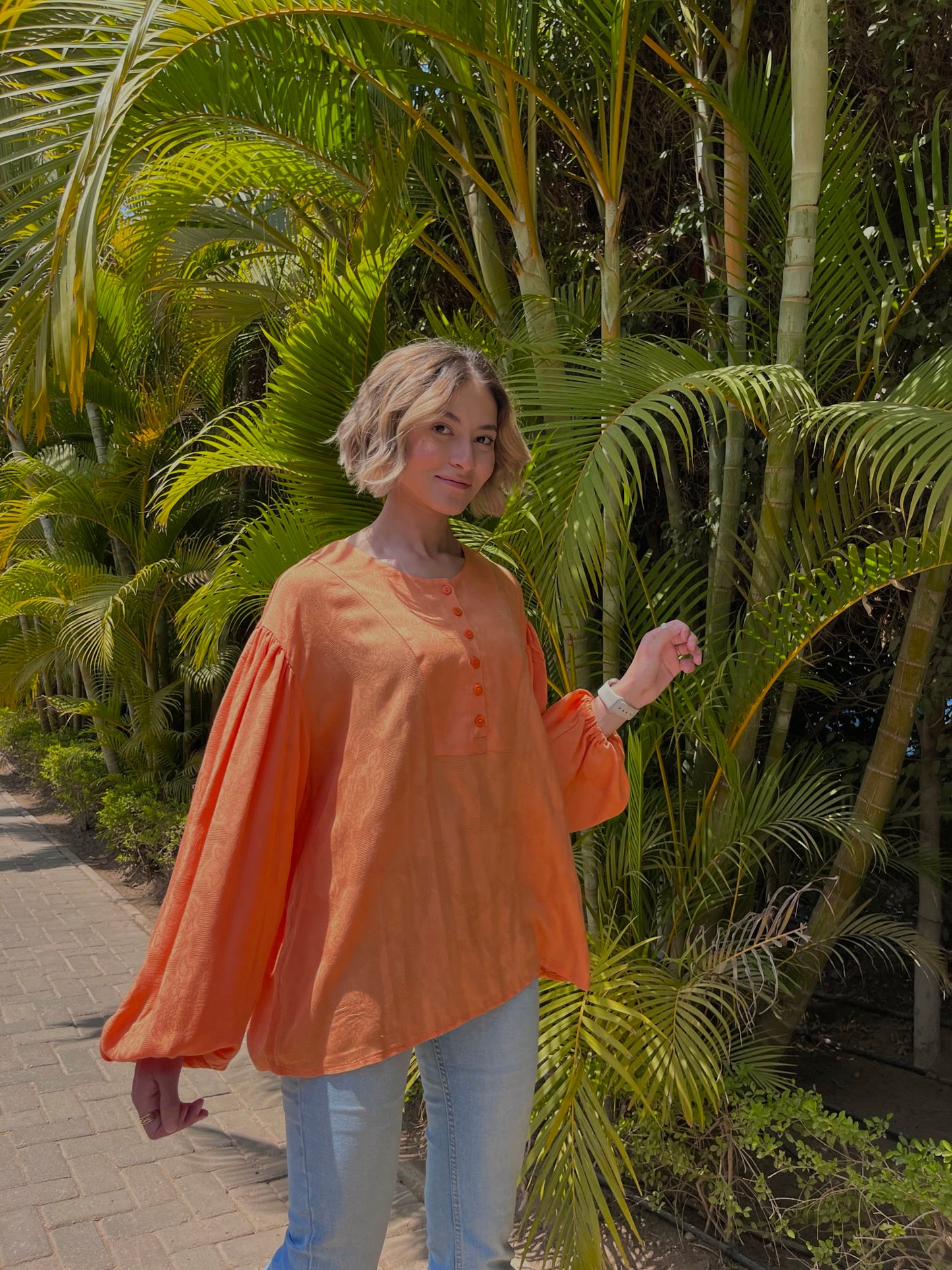 Puffy Sleeves Linen Top - Orange