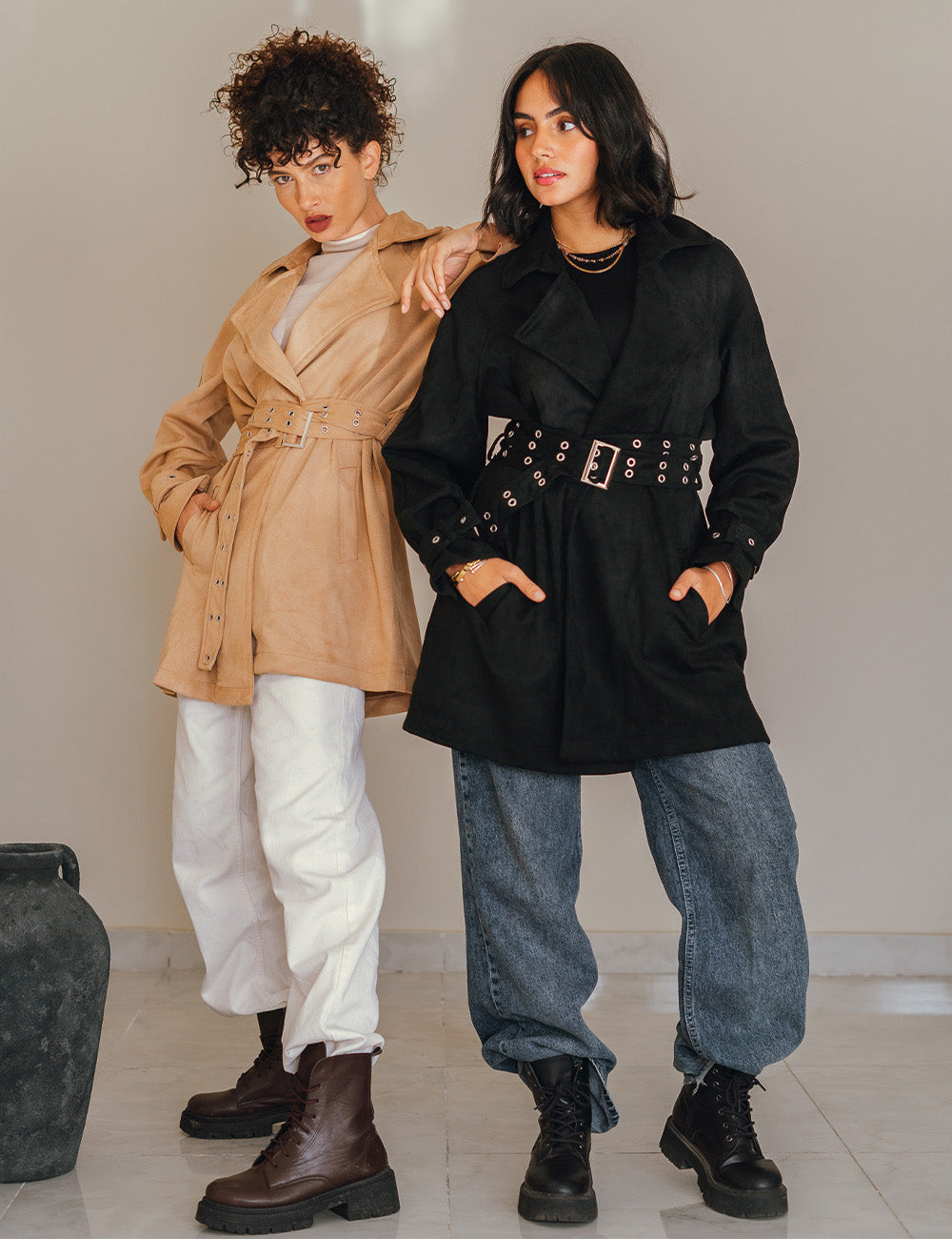 Black Double Belted Suede Coat