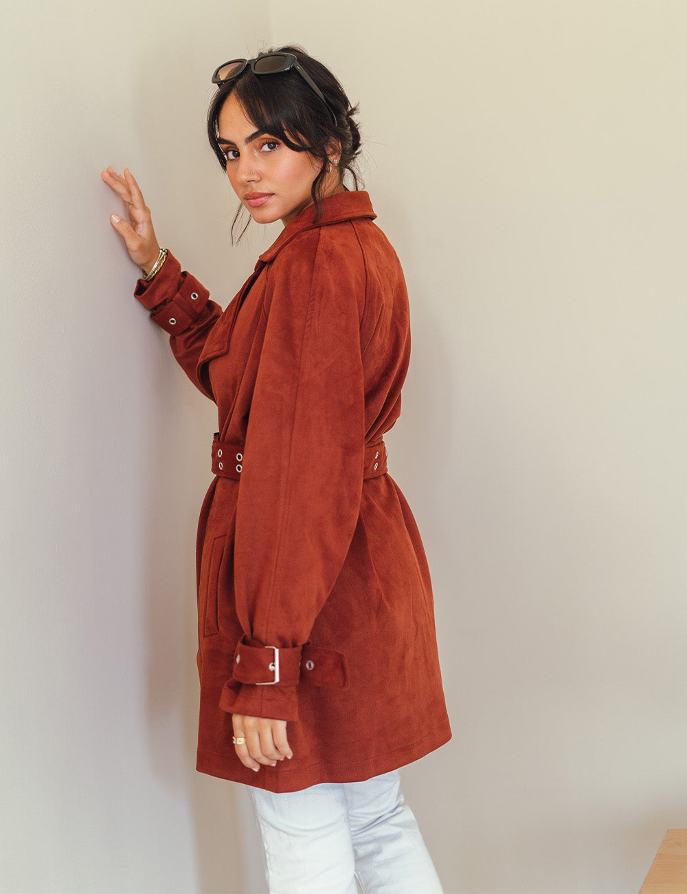 Brick Red Double Belted Suede Coat