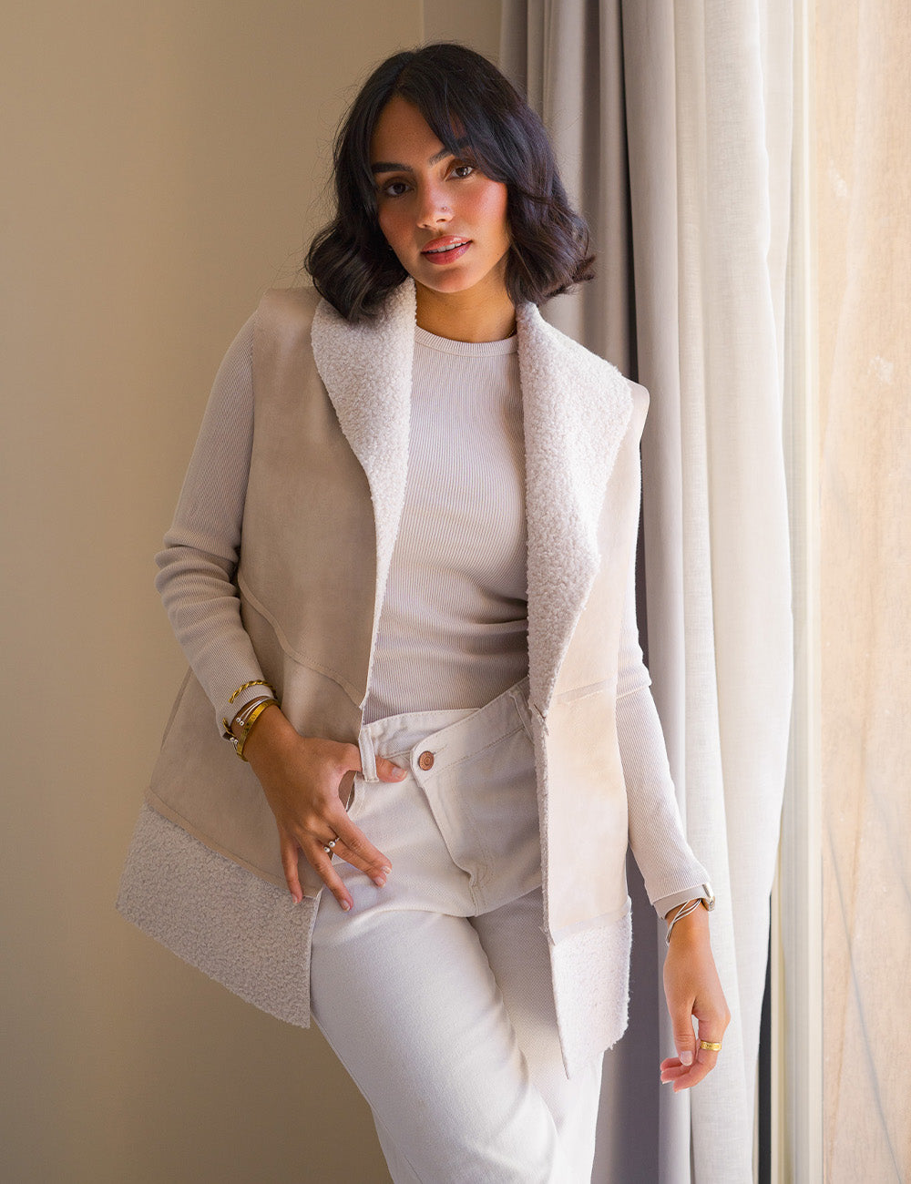 Beige Double Face Teddy Vest