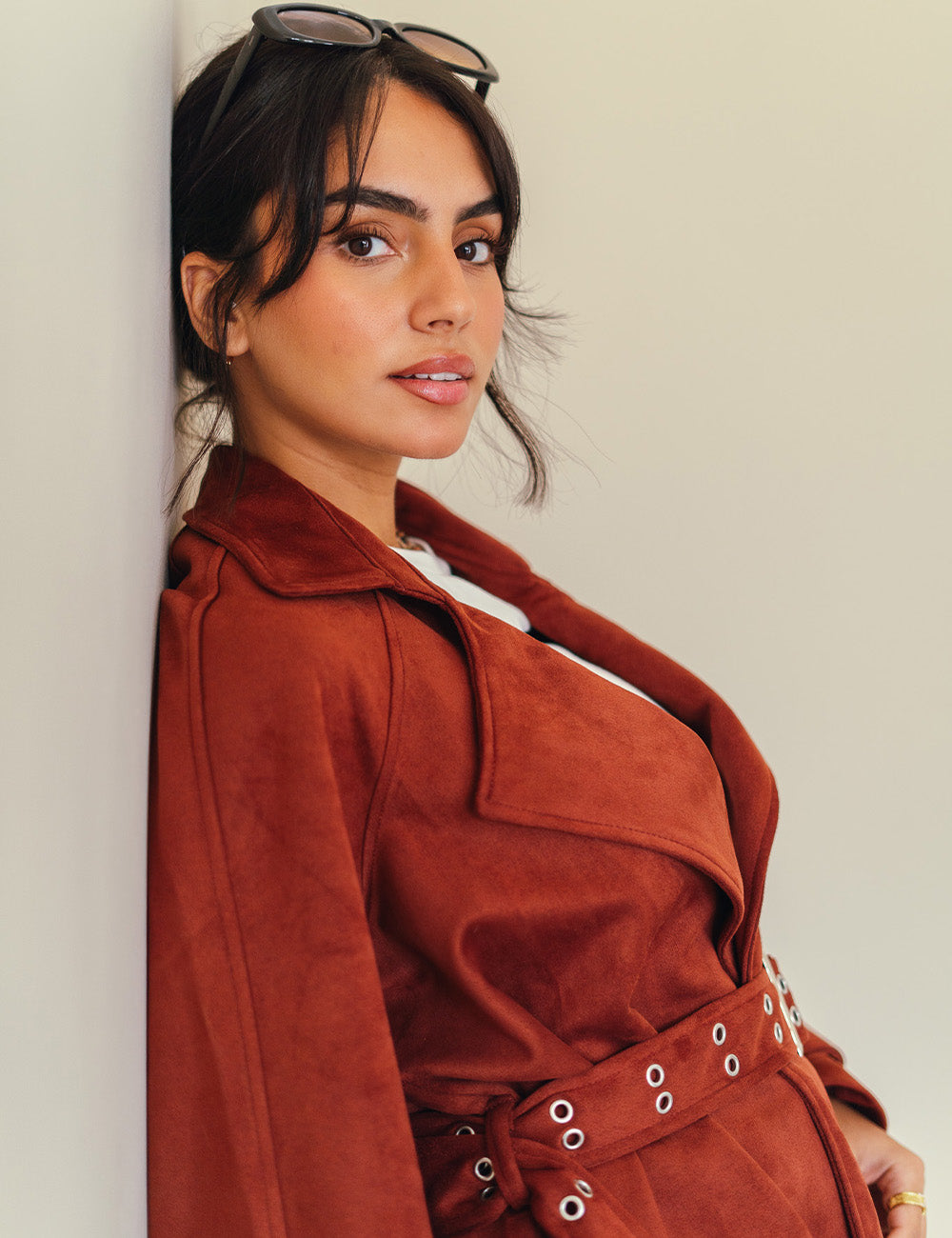 Brick Red Double Belted Suede Coat