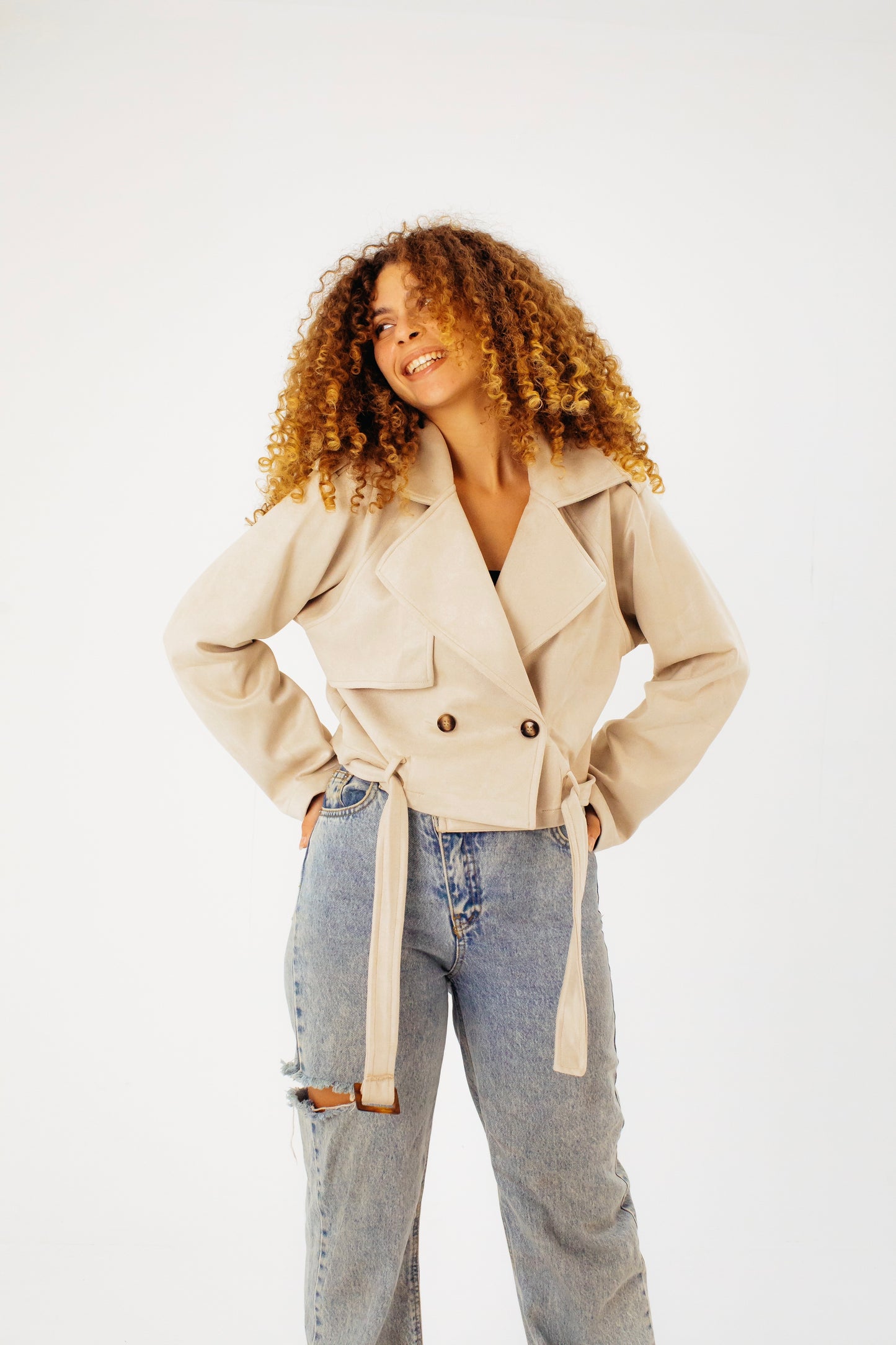 Suede Beige Cropped Trench Jacket