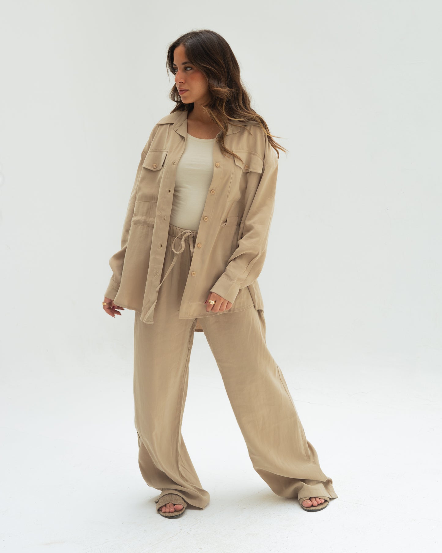 Beige Tie Shirt set