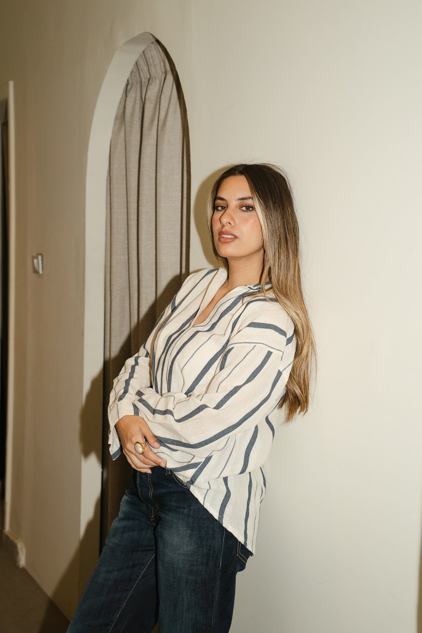 Navy twisted linen blouse