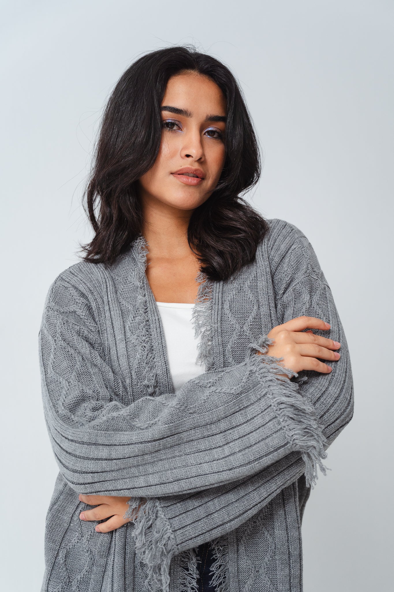 Fringy Knit Gray Cardigan