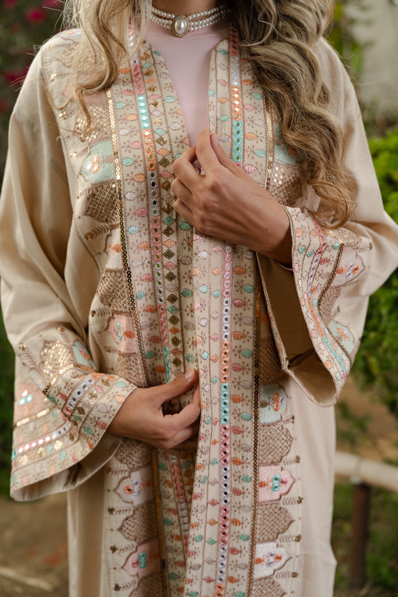 Indian embroidered kaftan in Beige