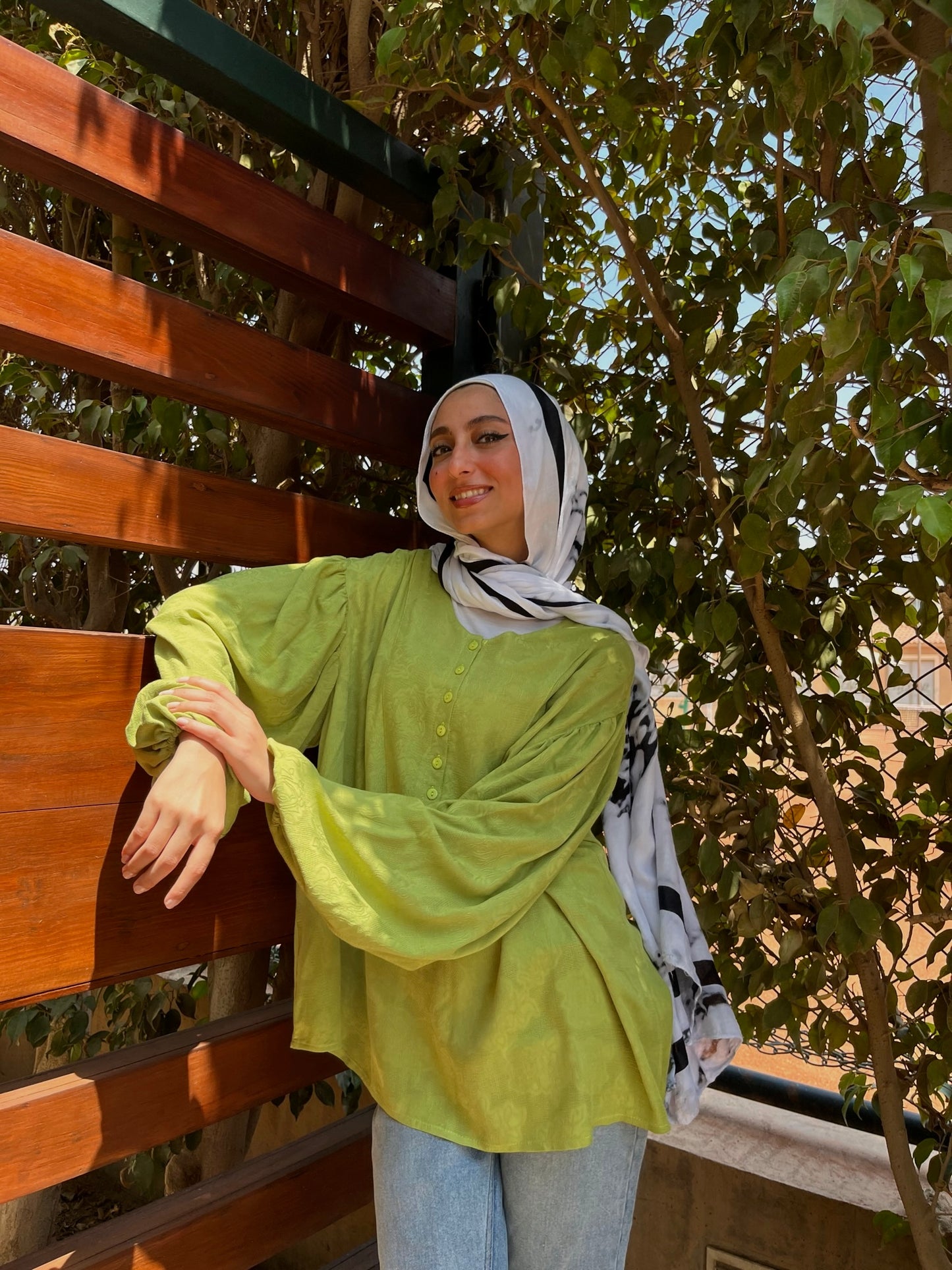 Puffy Sleeves Linen Top - Green