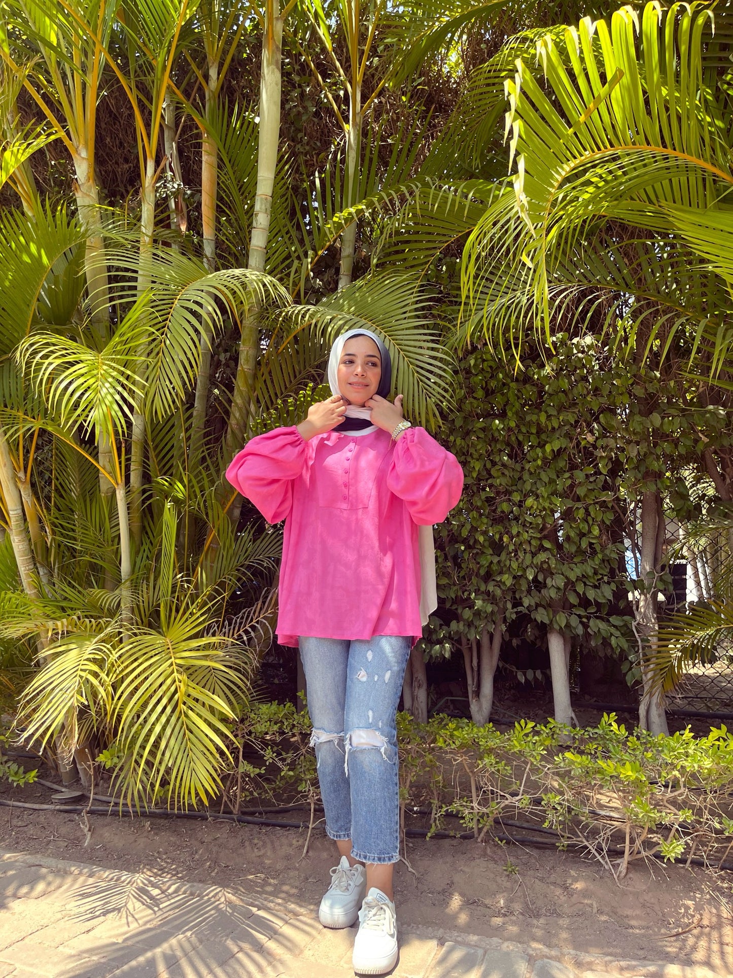 Puffy Sleeves Linen Top - Fuchsia