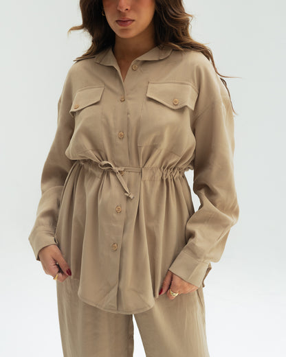 Beige Tie Shirt set