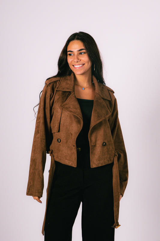 Suede Brown Cropped Trench Jacket