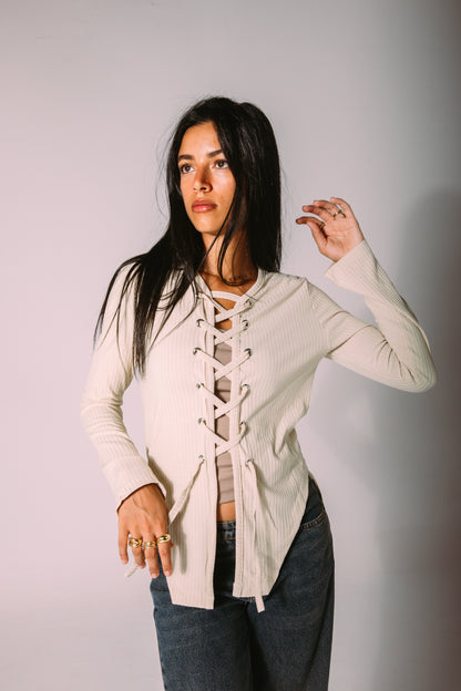 Criss Cross Ribbed Top in beige