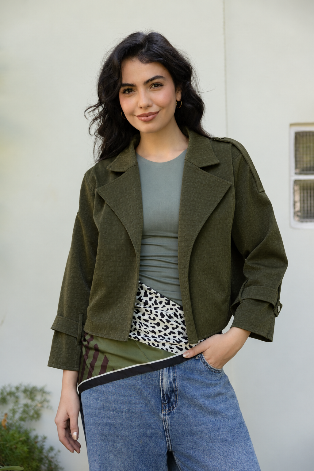 Rhea Croc Cropped Olive Jacket