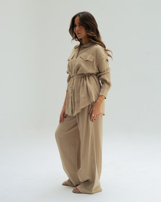 Beige Tie Shirt set