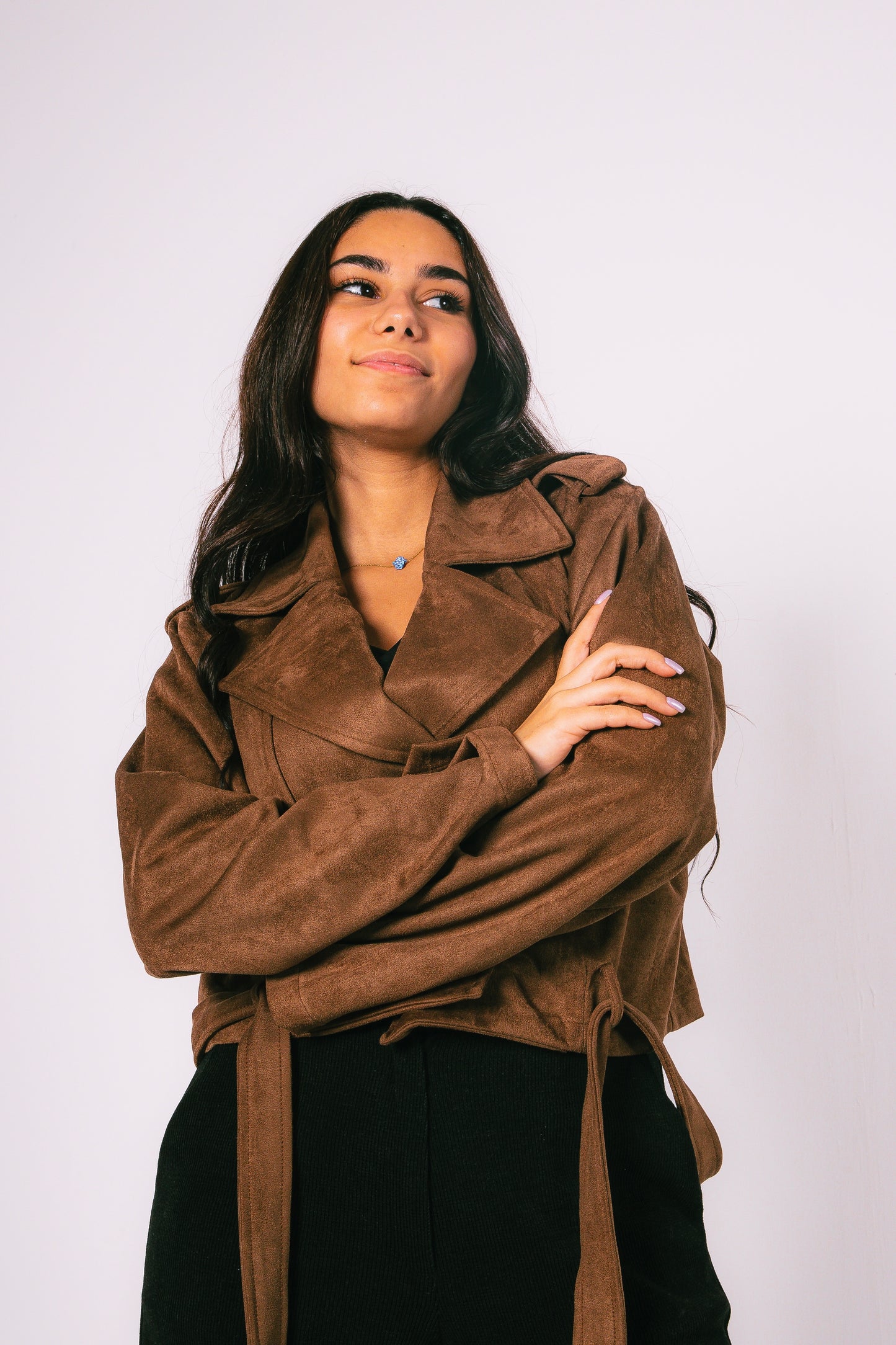 Suede Brown Cropped Trench Jacket