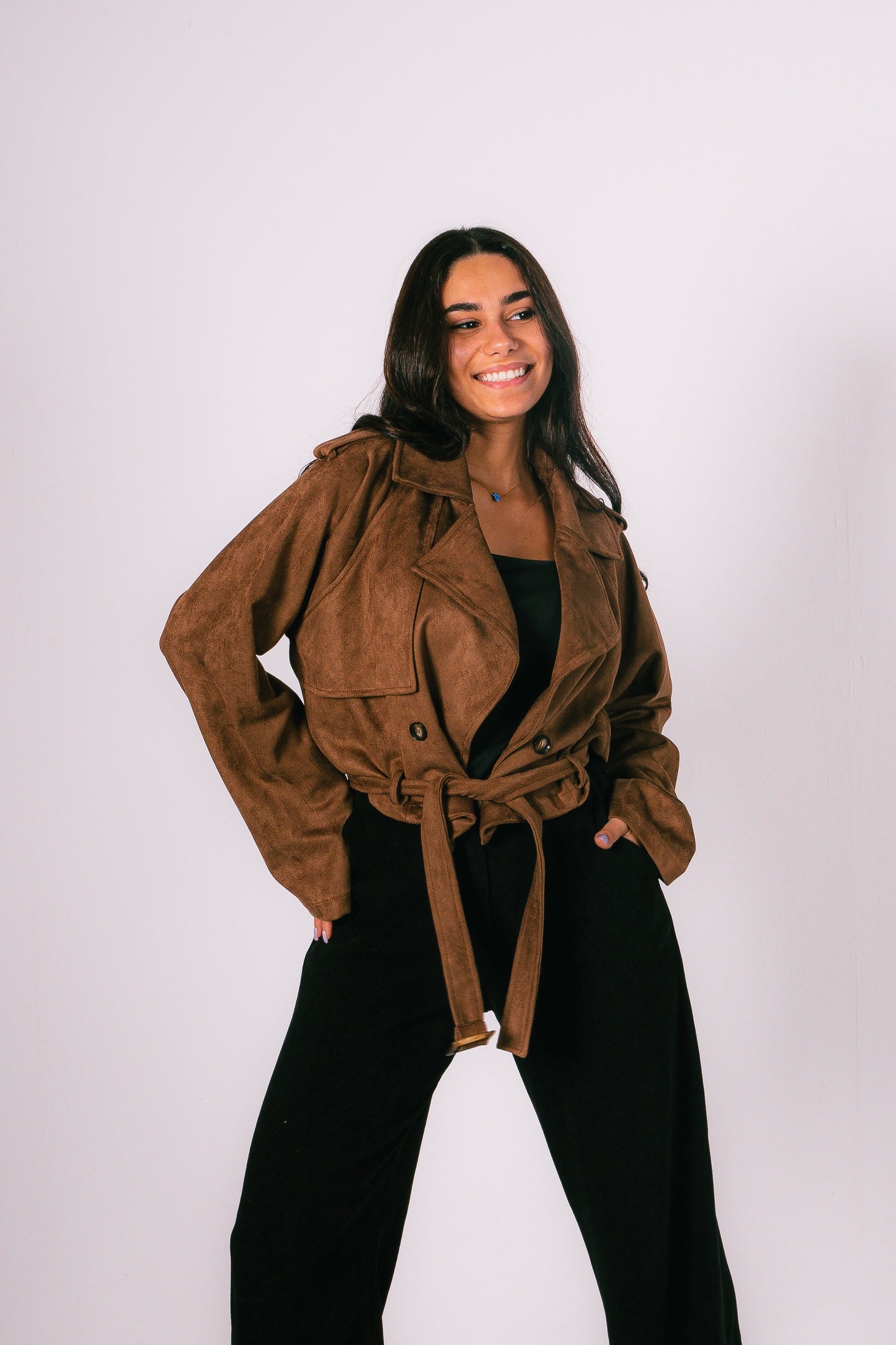 Suede Brown Cropped Trench Jacket