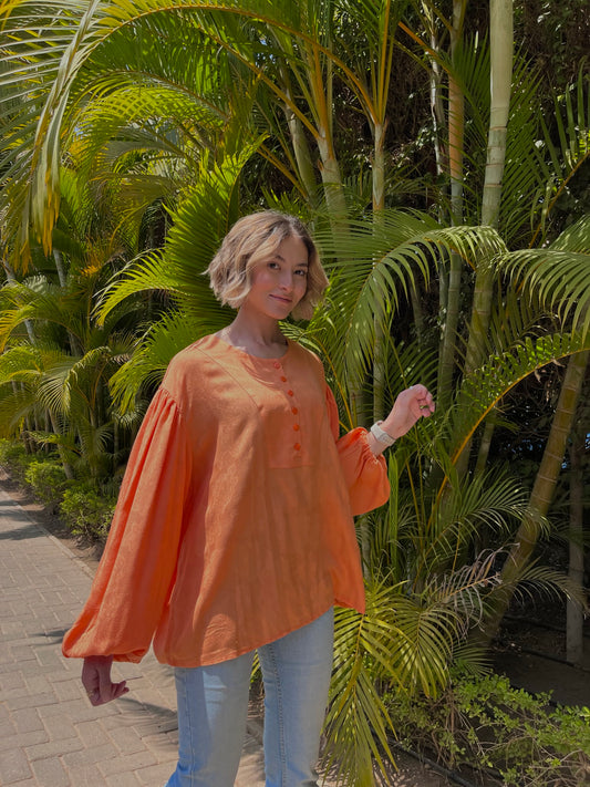 Puffy Sleeves Linen Top - Orange