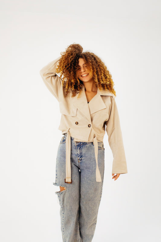 Suede Beige Cropped Trench Jacket
