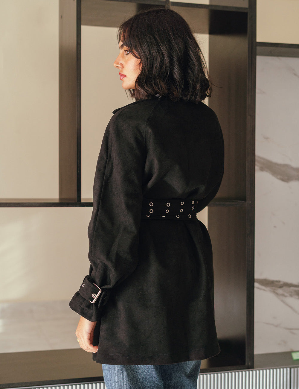 Black Double Belted Suede Coat