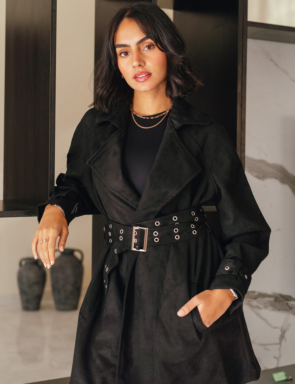 Black Double Belted Suede Coat