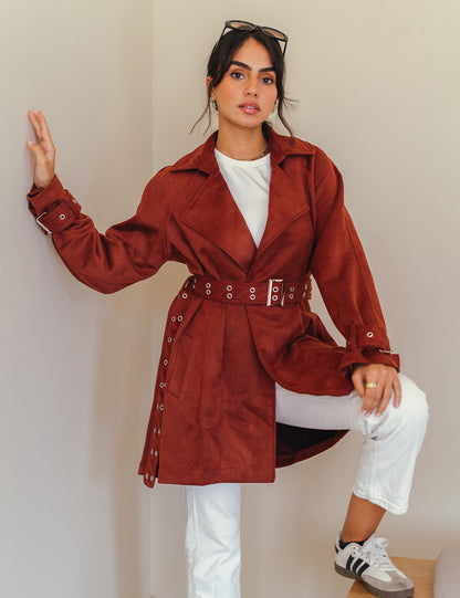 Brick Red Double Belted Suede Coat