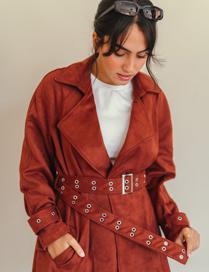 Brick Red Double Belted Suede Coat