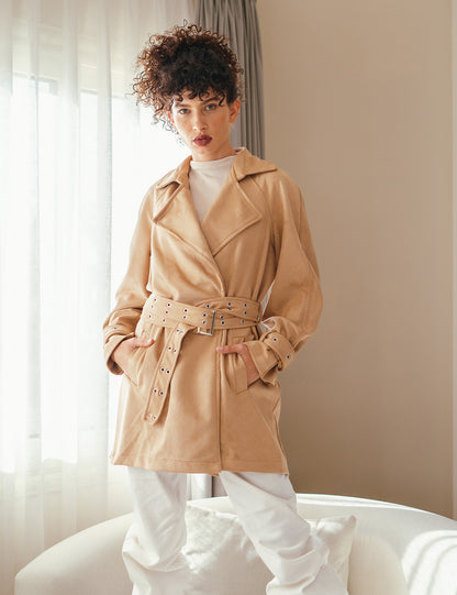 Beige Double Belted Suede Coat