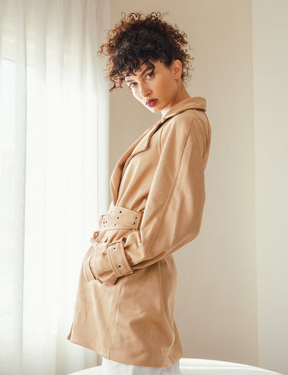 Beige Double Belted Suede Coat