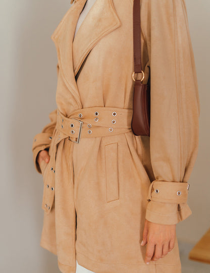 Beige Double Belted Suede Coat