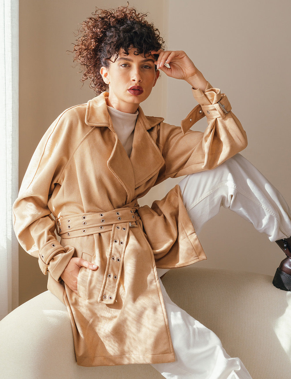 Beige Double Belted Suede Coat