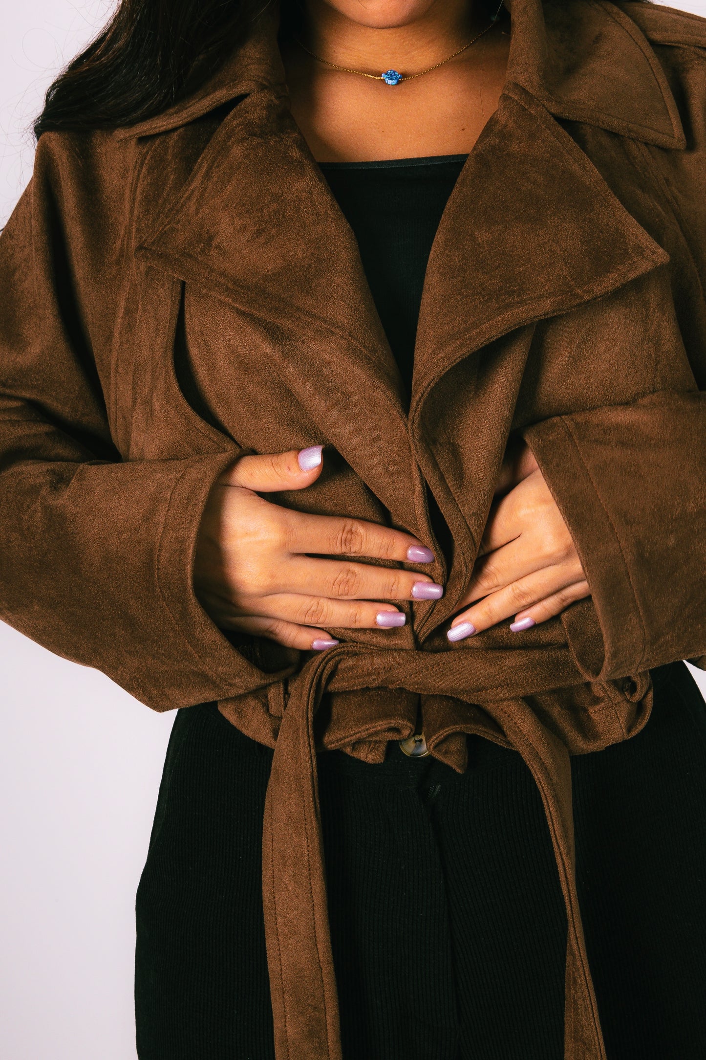 Suede Brown Cropped Trench Jacket