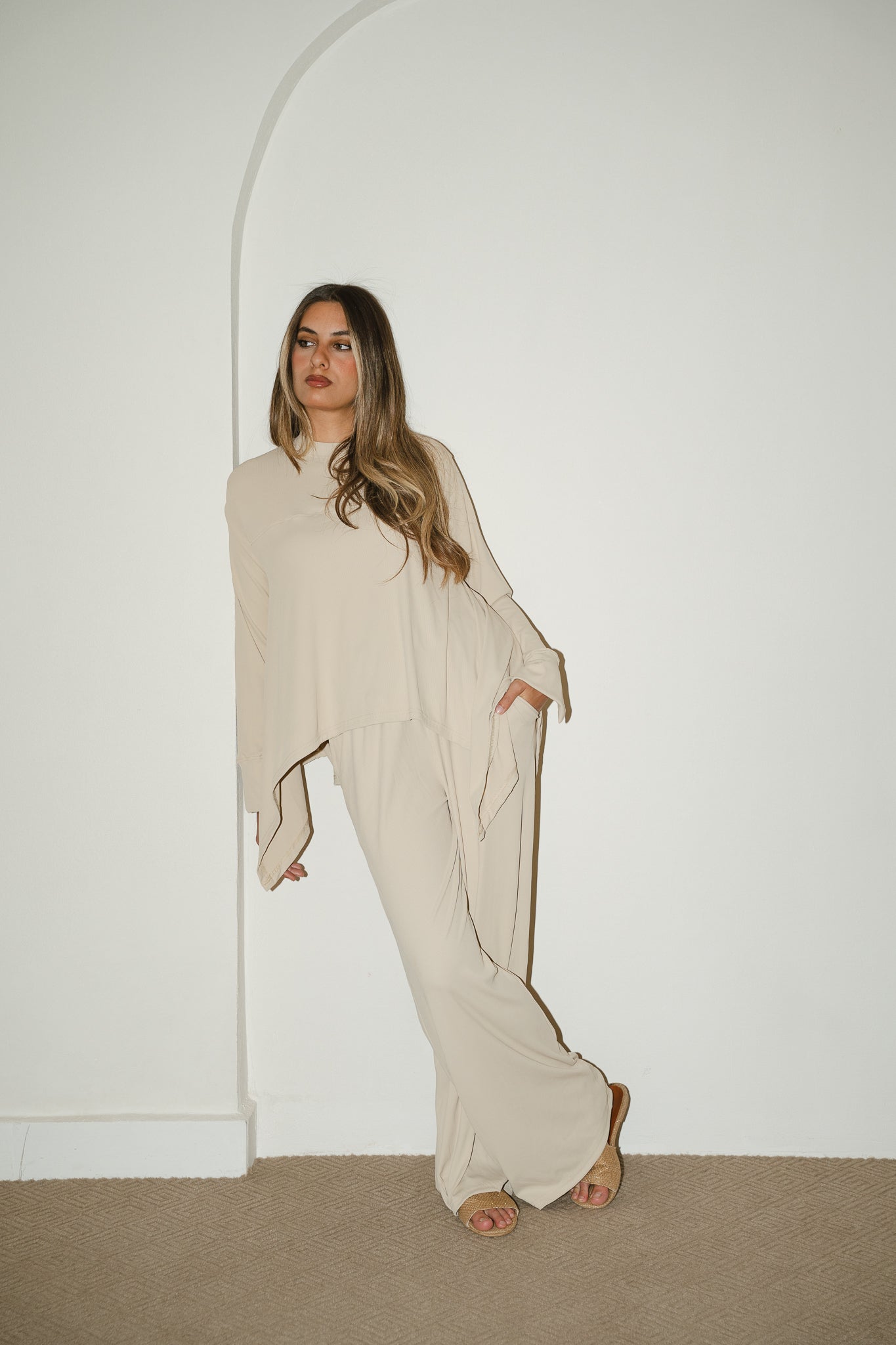 Beige Flowy ribbed set